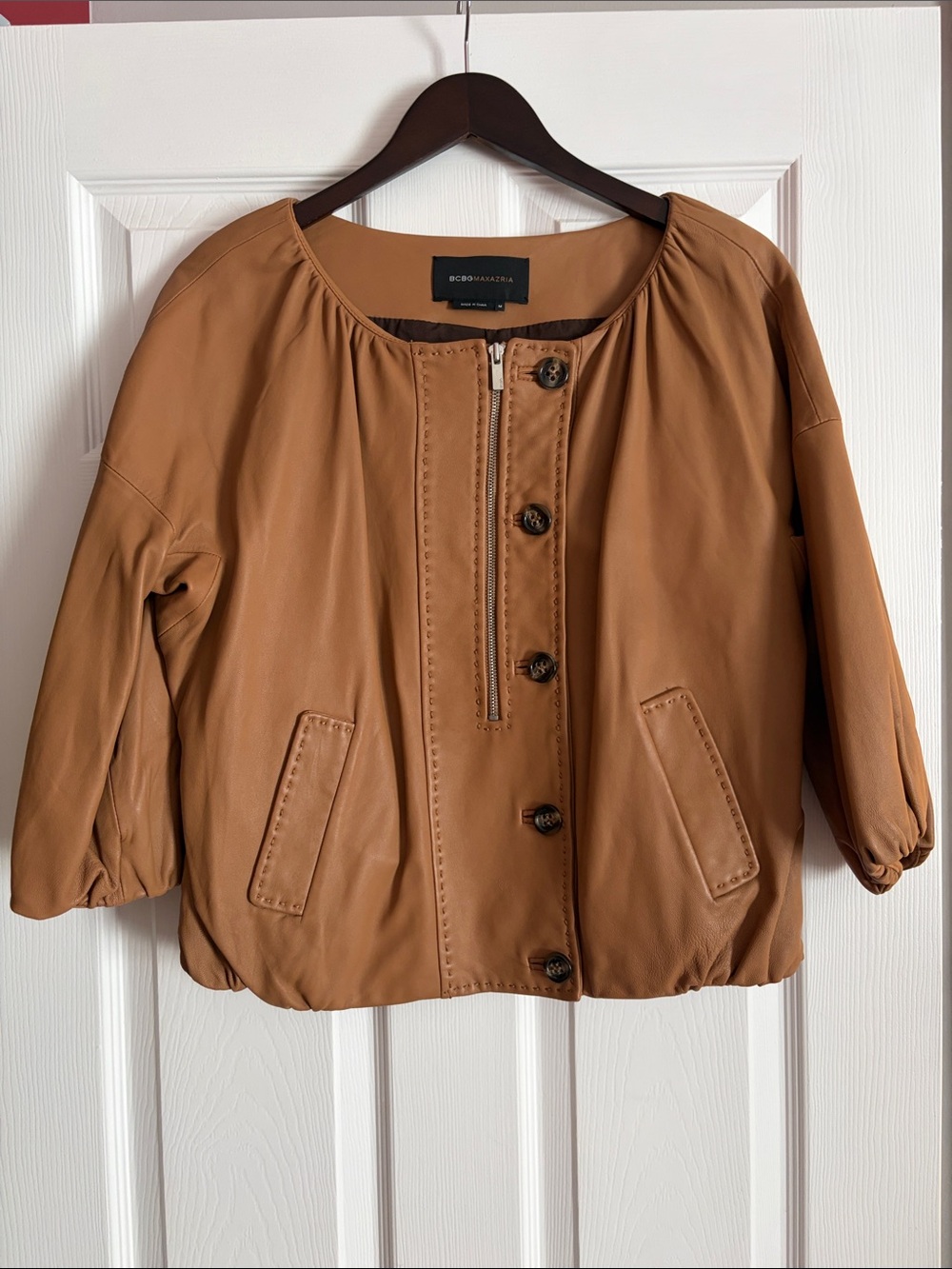 BCBGMaxAzria Tan Leather Button-Front Jacket